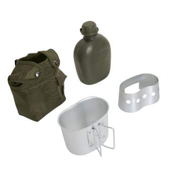 4 PIECE CANTEEN KIT ROTHCO W/COVER, ALUMINUM CUP & STOVE / STAND