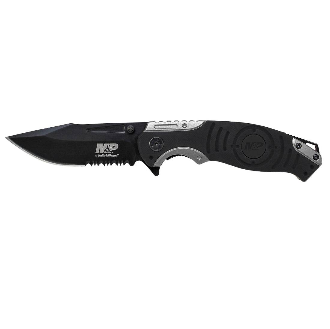 NAVAJA SMITH AND WESSON LINER LOCK, POINT BLADE, THUMB KNOBS, GREY/BLACK HANDLE