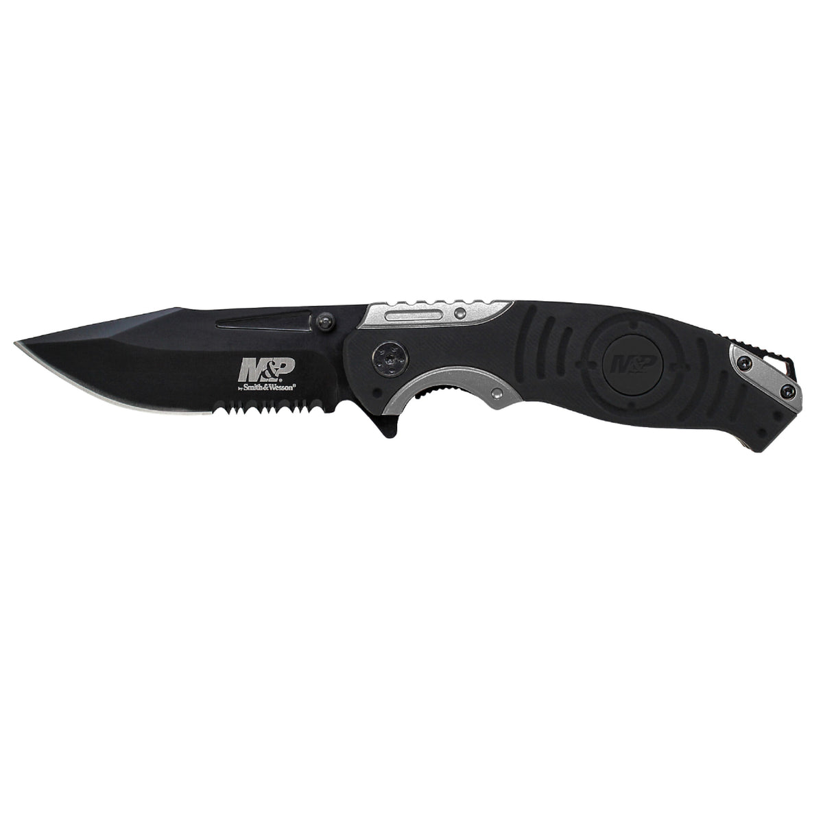 NAVAJA SMITH AND WESSON LINER LOCK, POINT BLADE, THUMB KNOBS, GREY/BLACK HANDLE