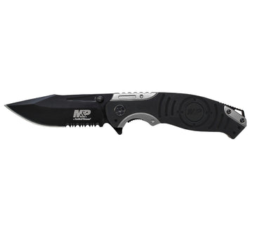 NAVAJA SMITH AND WESSON LINER LOCK, POINT BLADE, THUMB KNOBS, GREY/BLACK HANDLE