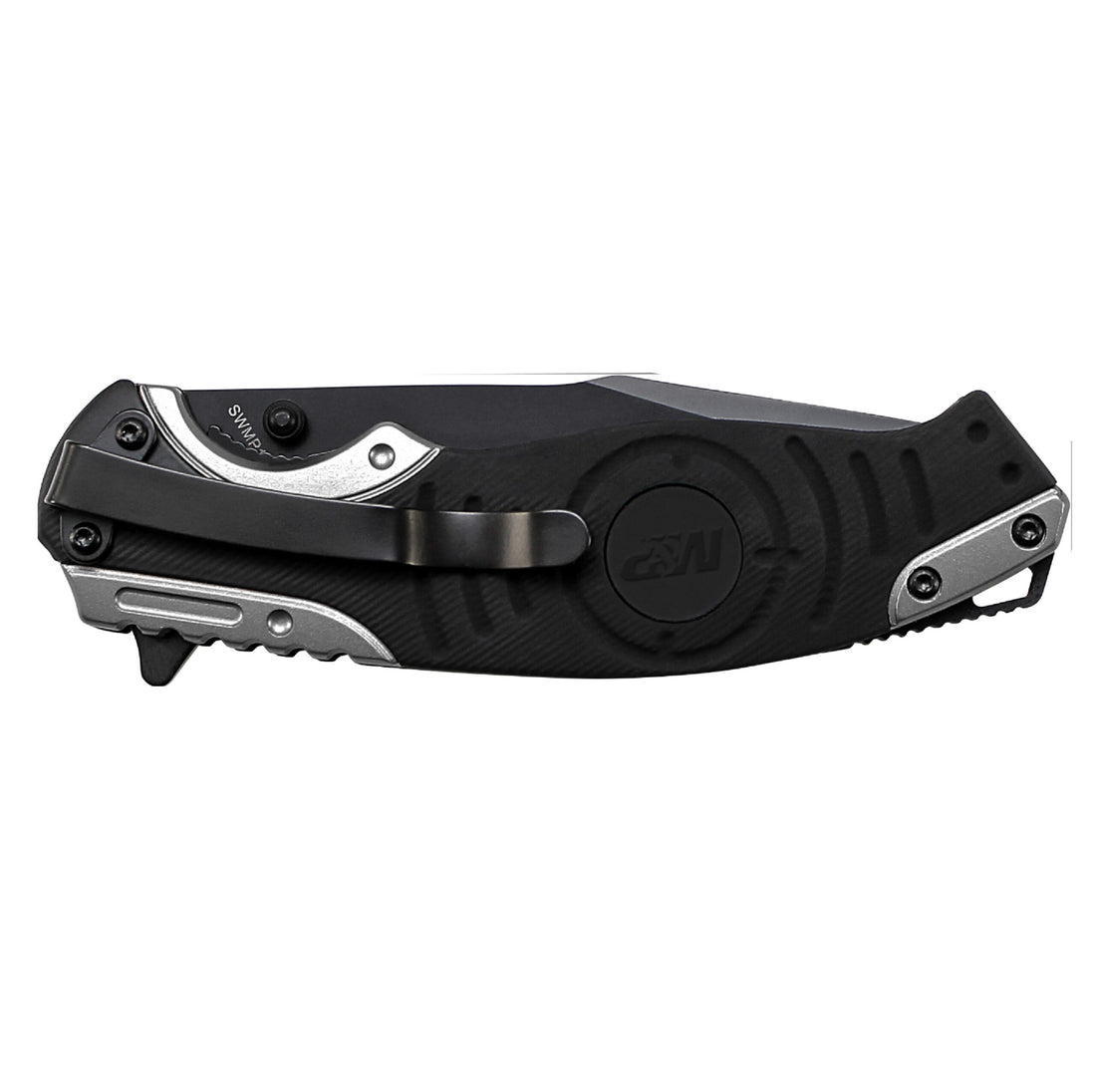 NAVAJA SMITH AND WESSON LINER LOCK, POINT BLADE, THUMB KNOBS, GREY/BLACK HANDLE