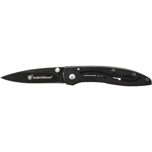 NAVAJA SMITH AND WESSON 3 INCH PLAIN BLACK BLADE, BLACK STAINLESS STEEL HANDLE