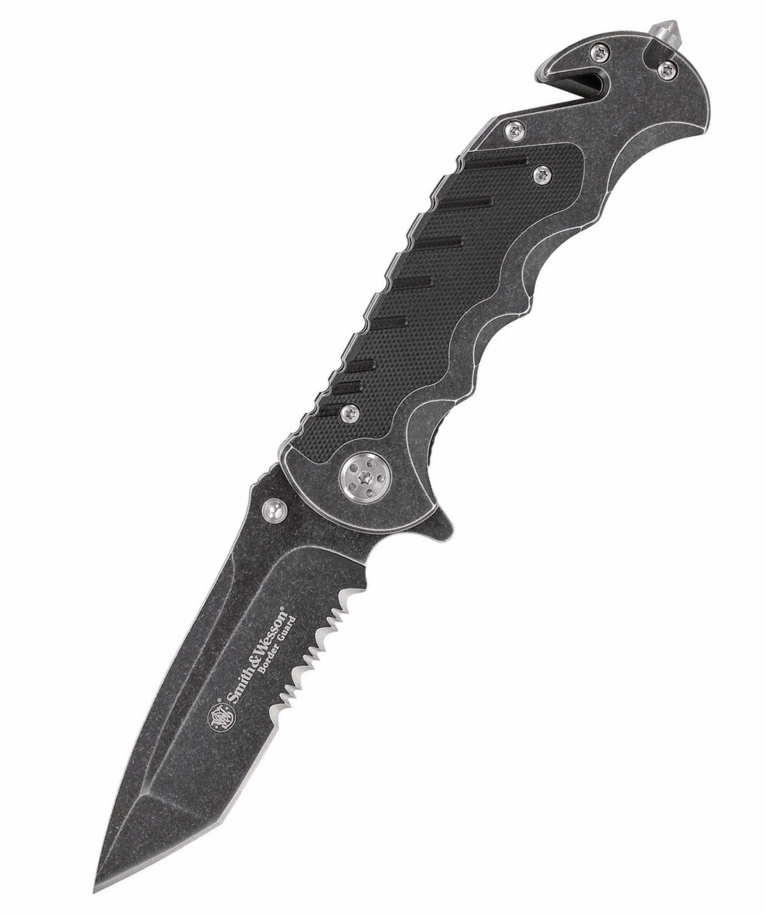 NAVAJA SMITH AND WESSON BORDER GUARD, STAINLESS STEEL HANDLE W/G10 OVERLAY
