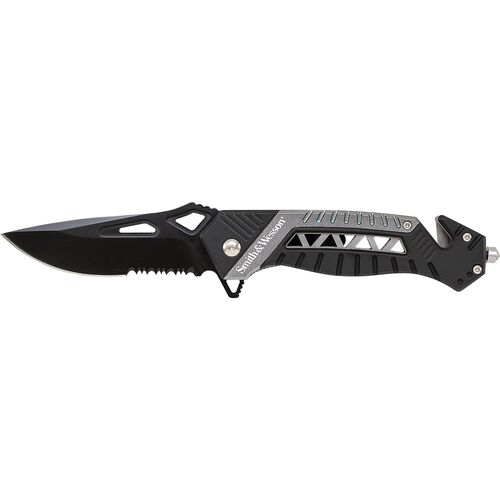 NAVAJA SMITH AND WESSON LINER LOCK GREY/BLACK HANDLE, SEATH CUTTER, GLASS BREAKER