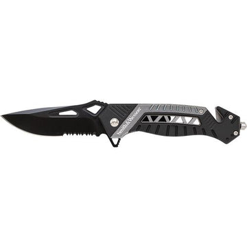 NAVAJA SMITH AND WESSON LINER LOCK GREY/BLACK HANDLE, SEATH CUTTER, GLASS BREAKER