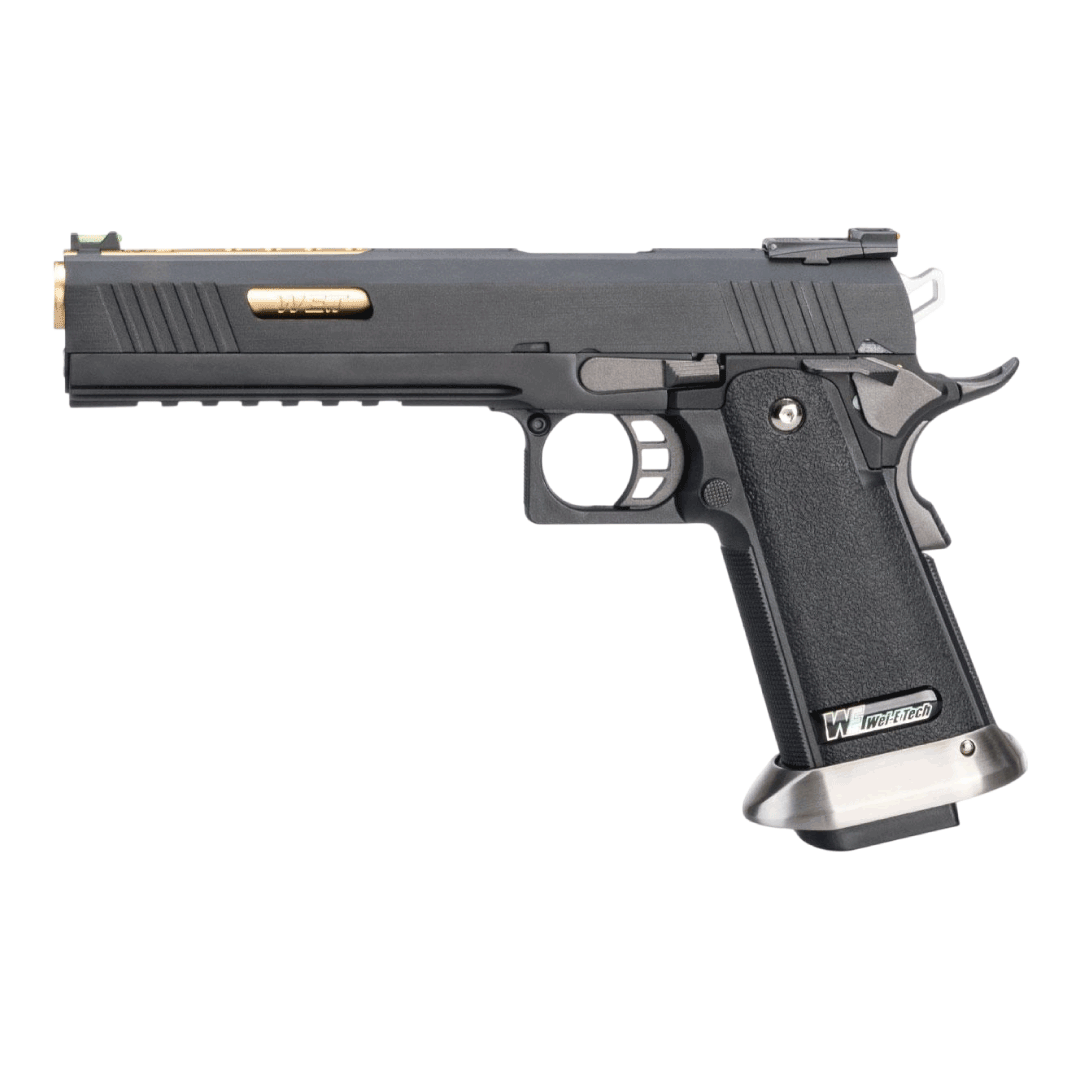 PISTOLA AIRSOFT WE-TECH HI-CAPA 6 FULL AUTO IREX COMPETITION GBB – BLACK/GOLD BARREL