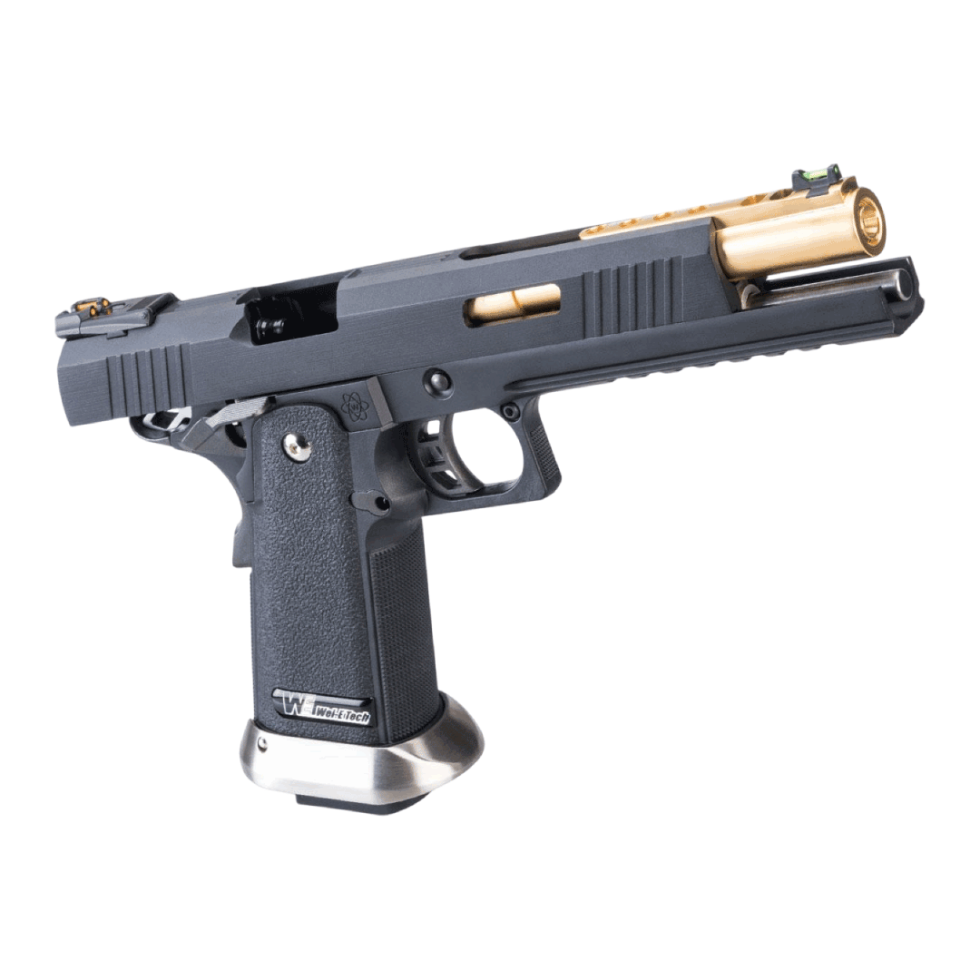 PISTOLA AIRSOFT WE-TECH HI-CAPA 6 FULL AUTO IREX COMPETITION GBB – BLACK/GOLD BARREL - vista 3