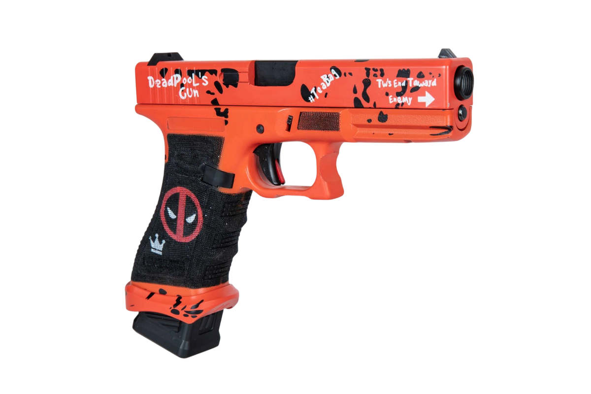 PISTOLA AIRSOFT DOUBLE BELL GLOCK 17 DEAD POOLS GUN GBB GREEN GAS – ORANGE - vista 3